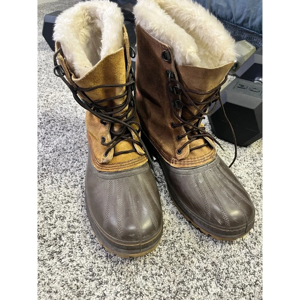Vintage Sorel Caribou Mens 11 Winter Snow Boots Tan Suede Made Canada Waterproof